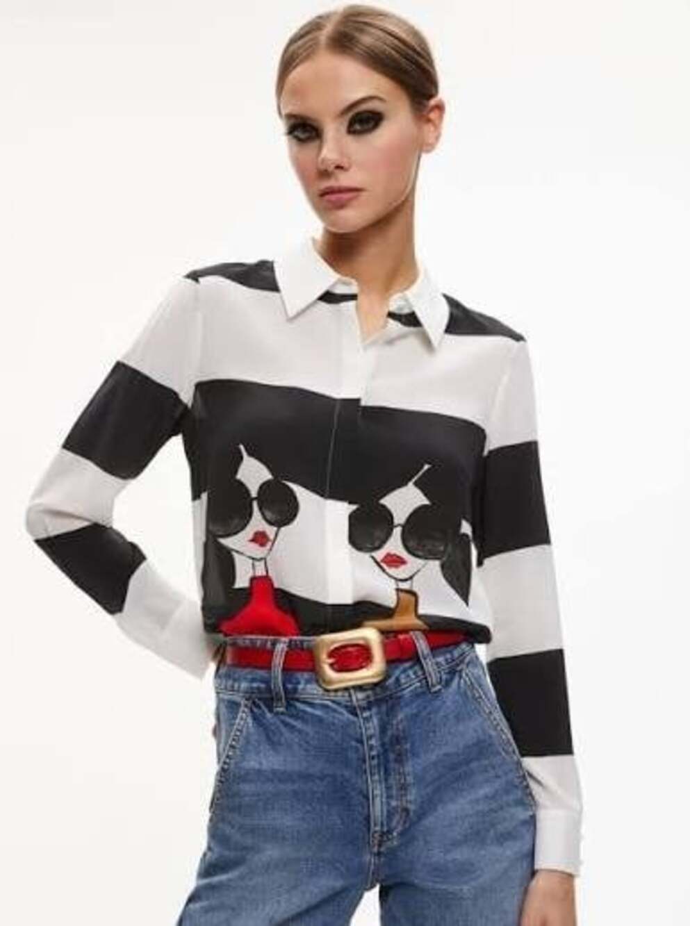 Alice + Olivia Willa Staceface Striped Silk Blouse Medium